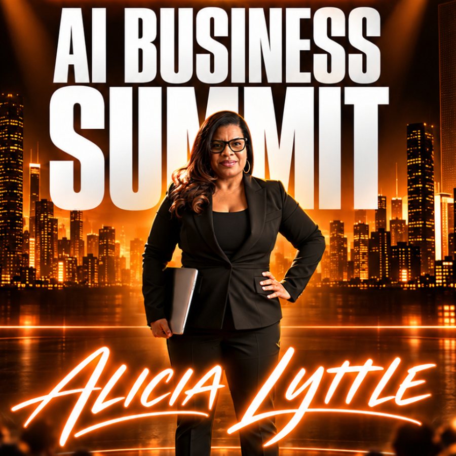 Alicia Lyttle, host of the AI Business Summit 2026, standing in front of a city skyline